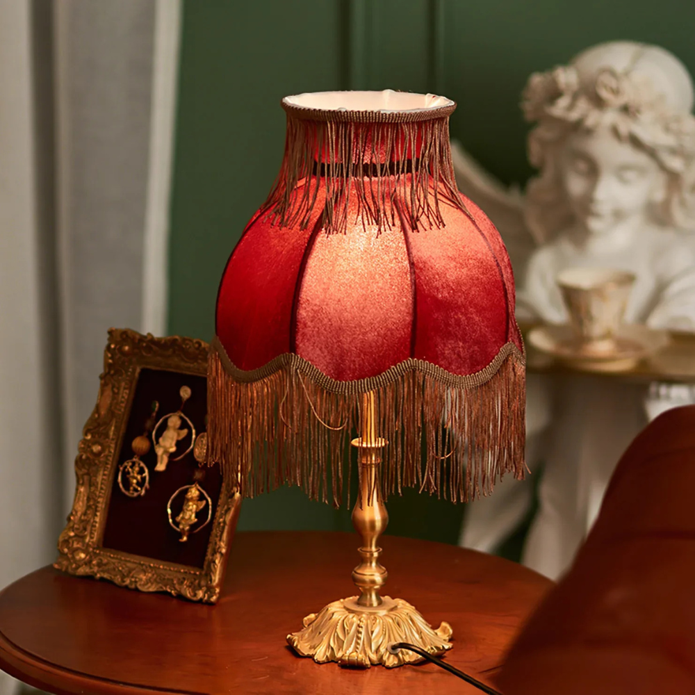 Table Lamp with Fringed Fabric Shade - Vintage Traditional Red