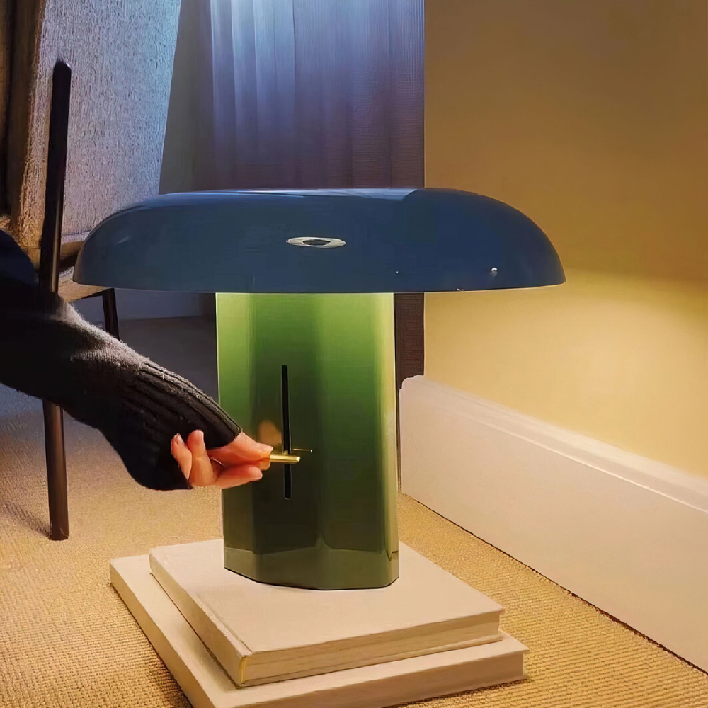 Mushroom Table Lamp with Slanted Shade and Dimmer Switch - Mid Century