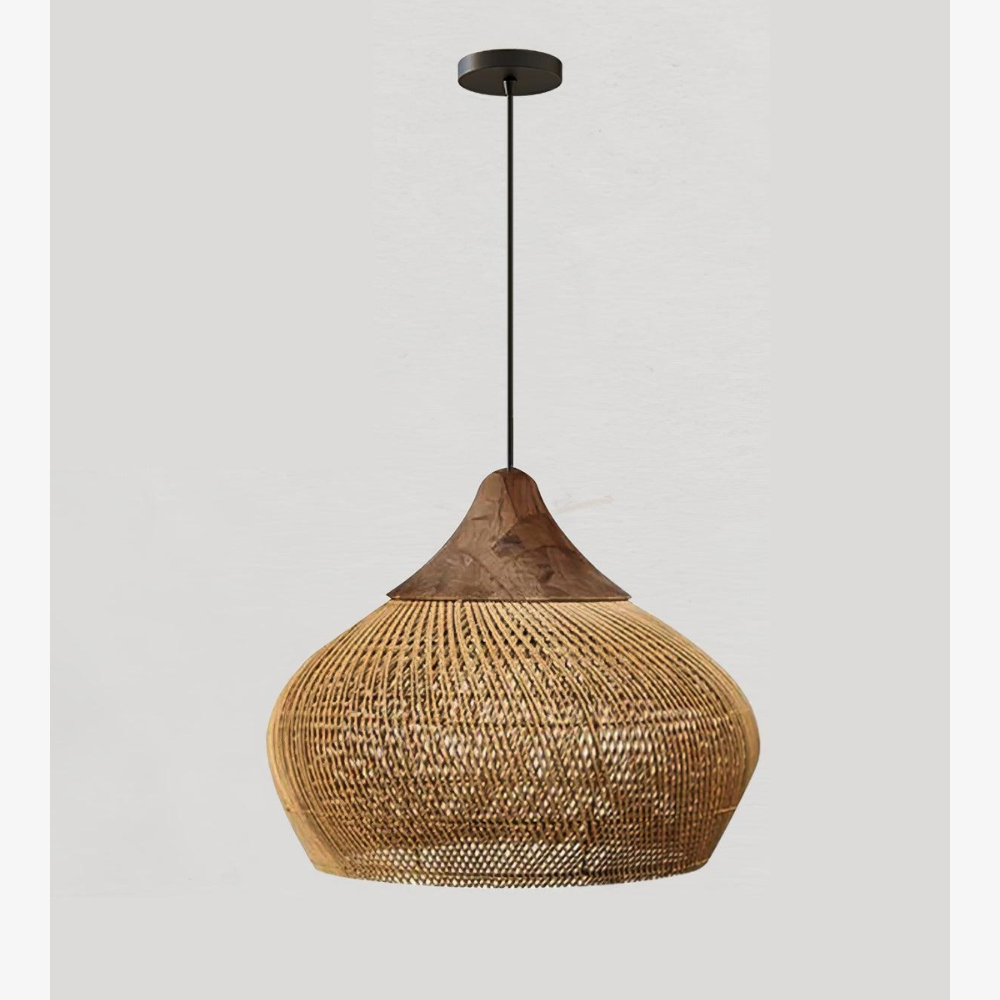 Modern Rattan Silhouette Pendant Light - Woven Basket Hanging Lamp with Wood Cap