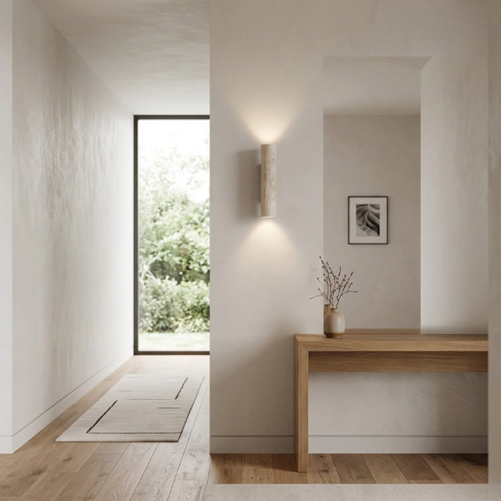 Moderne Travertin-Stein-Wandleuchte – Wabi-Sabi Wandleuchte mit zwei Lichtquellen