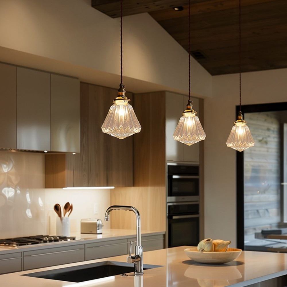 Hanging Ceiling Lamp with Rippled Crystal Glass - Retro Industrial