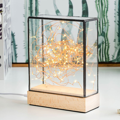 Minimalist LED Fairy Light Glass Box - Decorative Copper Wire Desk Lamp