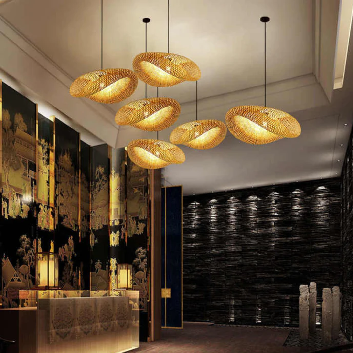 Lustre suspendu en rotin moderne - Lampe de plafond en bambou