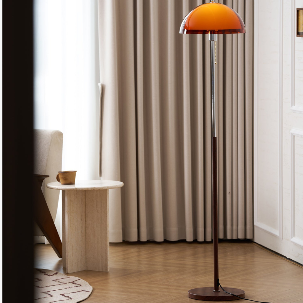 Torchiere Floor Lamp with Bi-Material Metal and Wood Stem with Acrylic Dome Shade