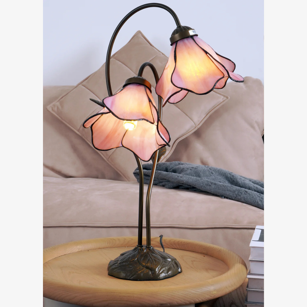 Table Lamp with Flower Glass Shades - Vintage Stained Glass Floral