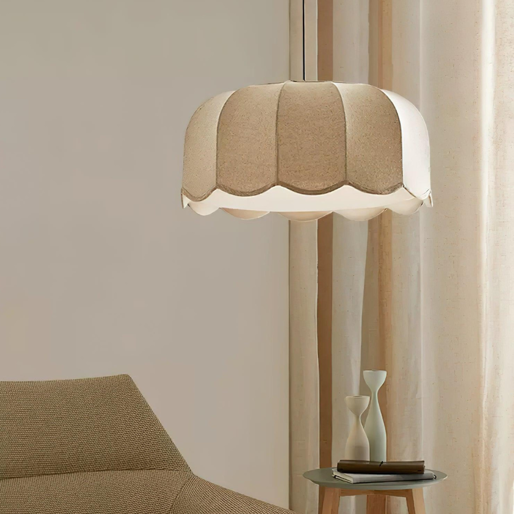 Scalloped Fabric Pendant Lamp - Modern Boho Beige Striped Ceiling Light