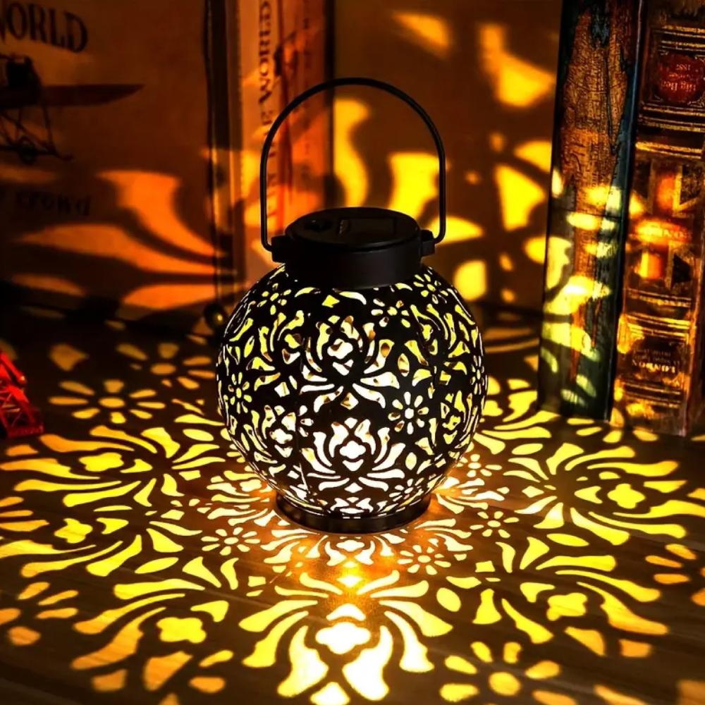 Solar Powered Lantern with Metal Floral Cutout Pattern - Boho Moroccan