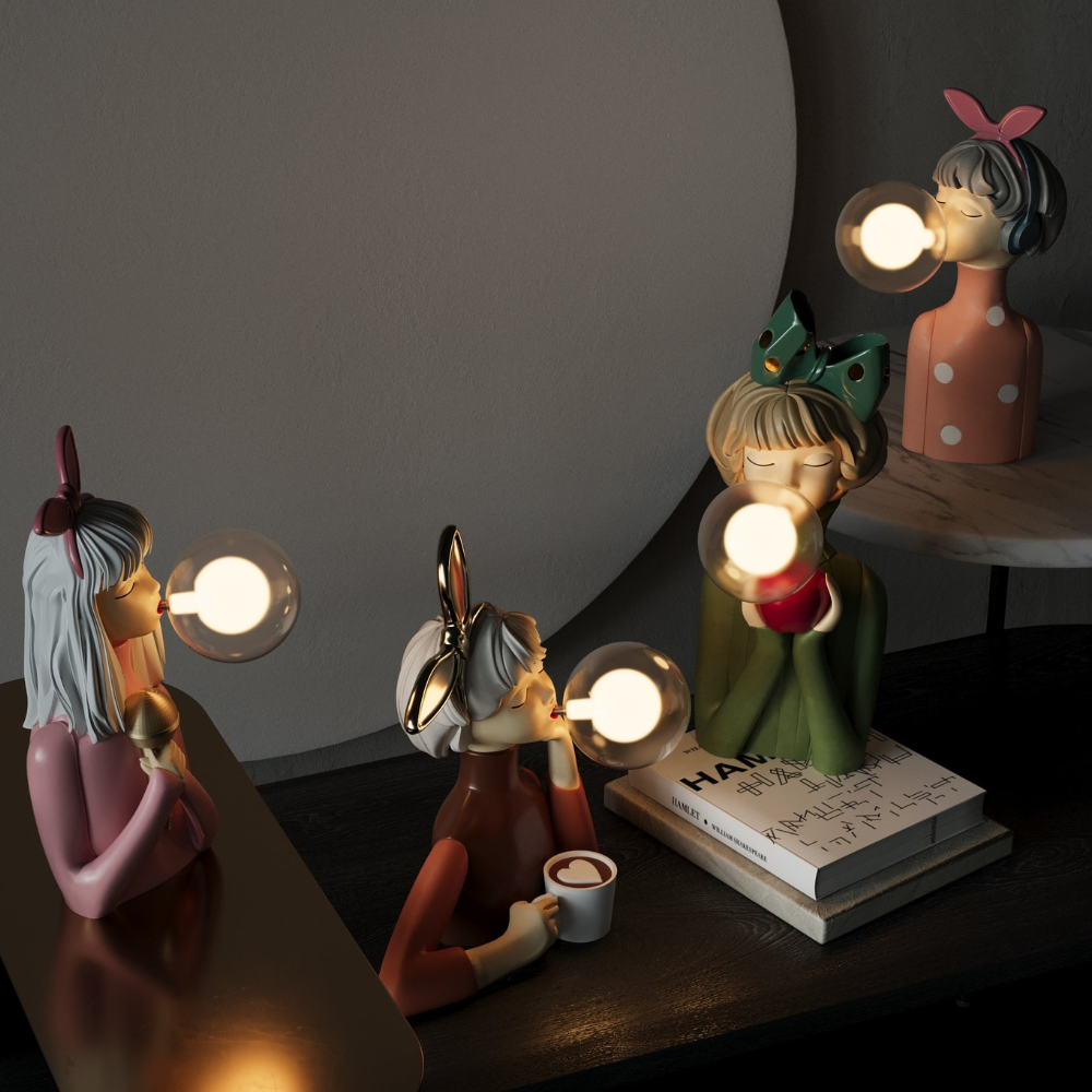 Lampe figurine de fille avec orbe en verre bulle - Décor pop art fantaisiste