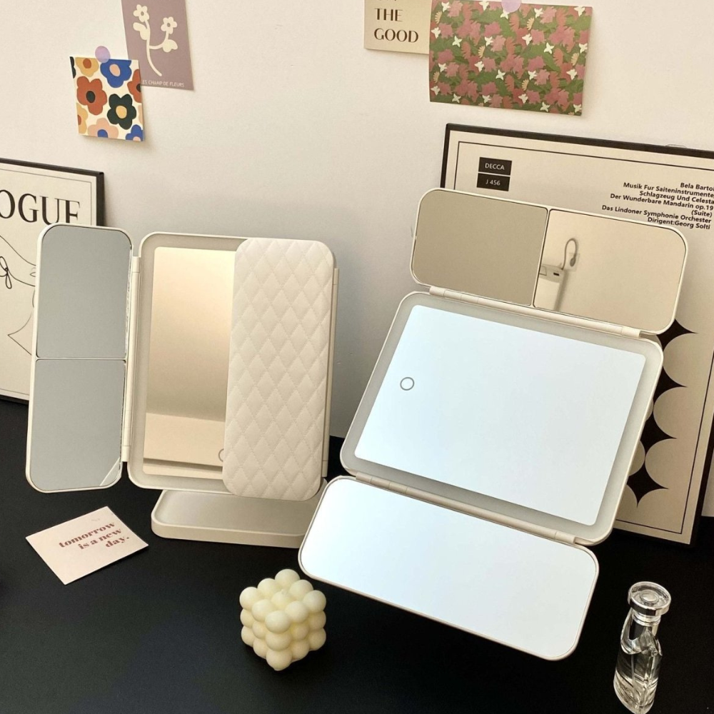 Led makeup mirror with Foldable Triple Panel Design - Modern Minimalist