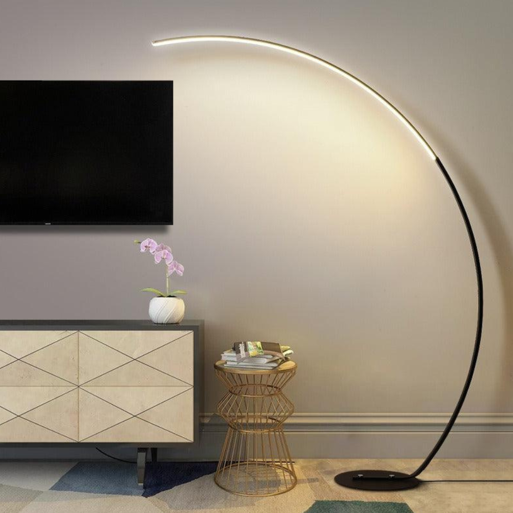 Bogen-Stehleuchte mit mattem Aluminiumgestell und dimmbarer LED – Zeitgenössische Wandleuchte