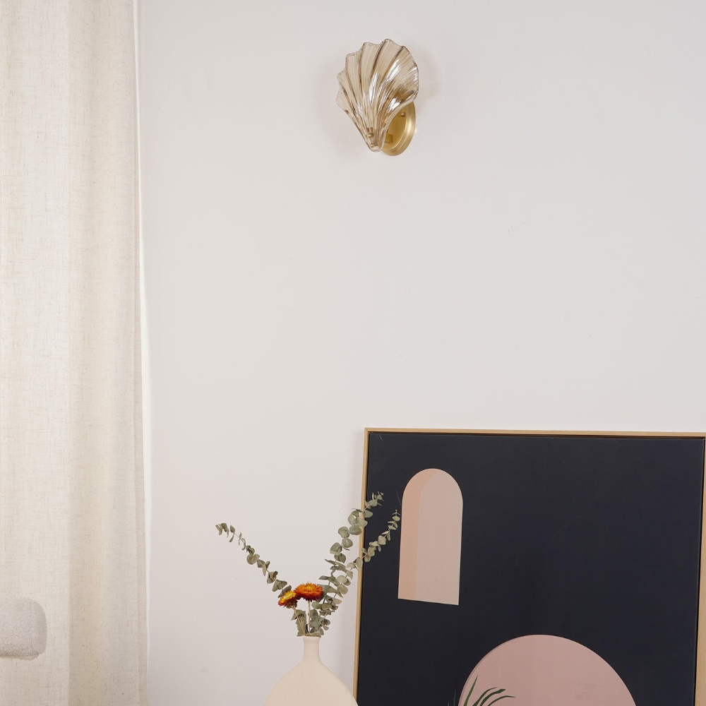 Shell Glass Wall Sconce with Scalloped Ribbed Shade - Coastal Art Deco