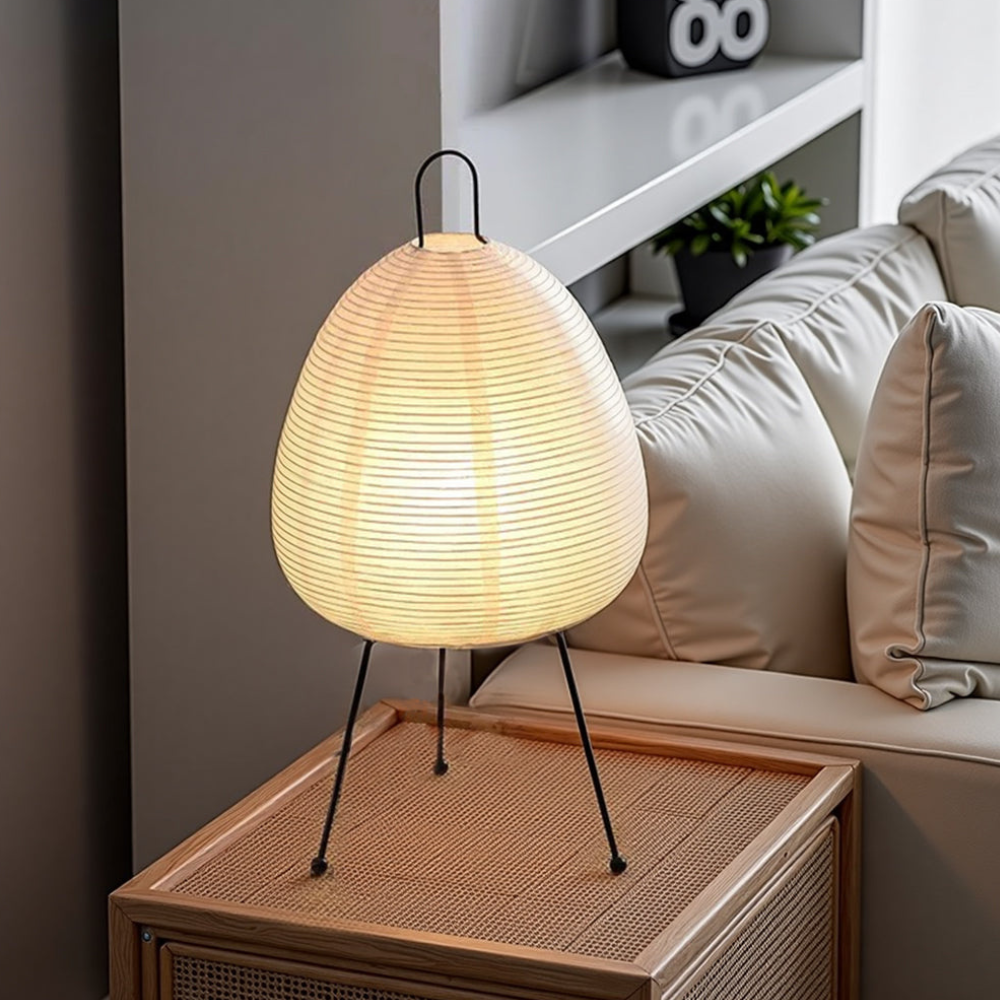 Paper Lantern Table Lamp with Tripod Metal Base - Mid Century Japanese