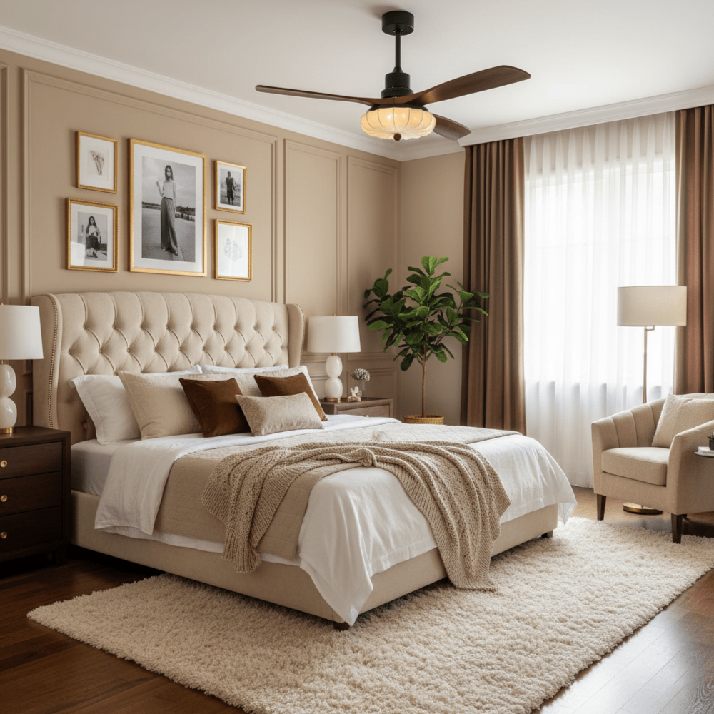 Deckenventilator mit Licht und handgefertigtem Lotus-Schirm aus Stoff – ruhiger moderner Stil