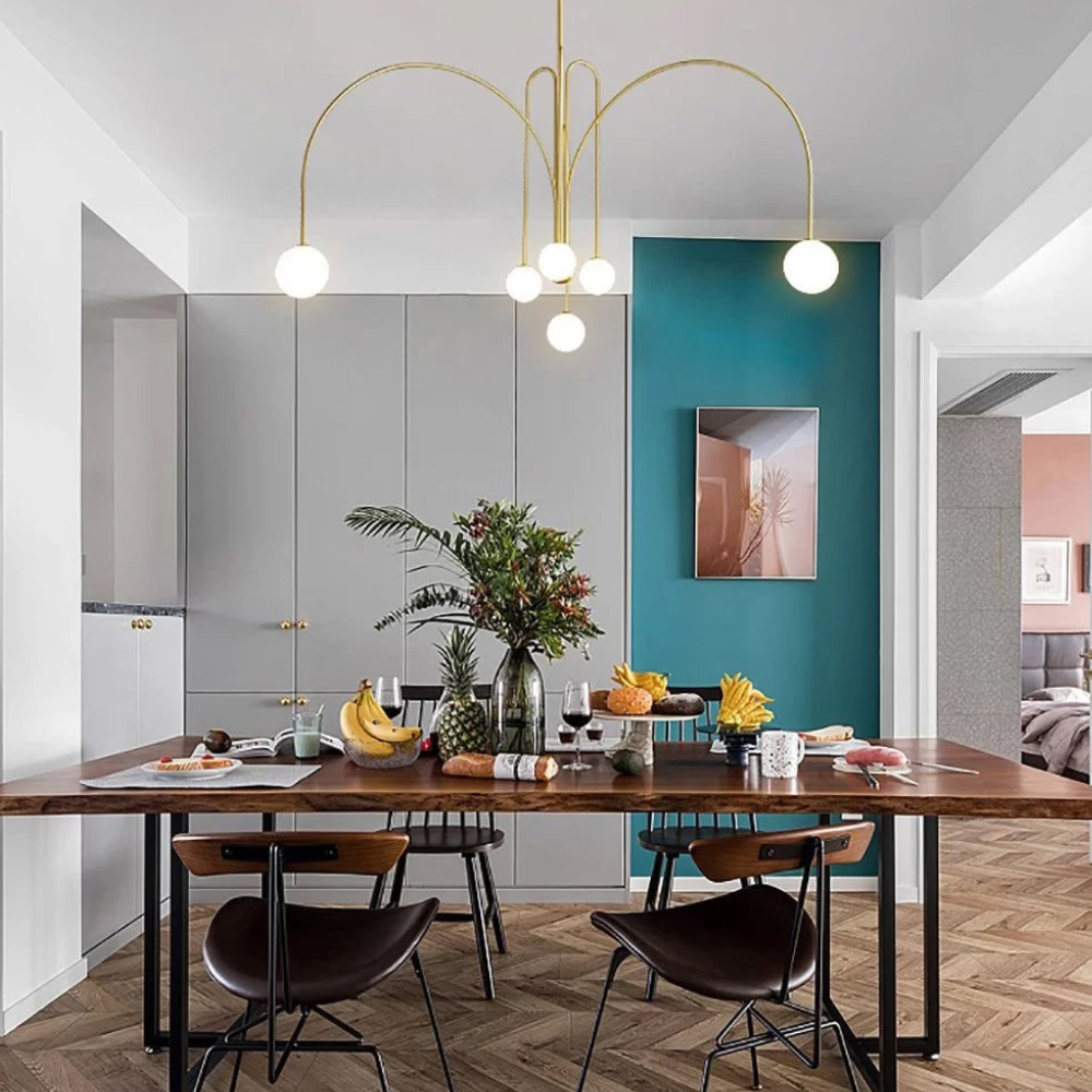 Chandelier with Arched Arms and Frosted Globes - Modern Mid Century