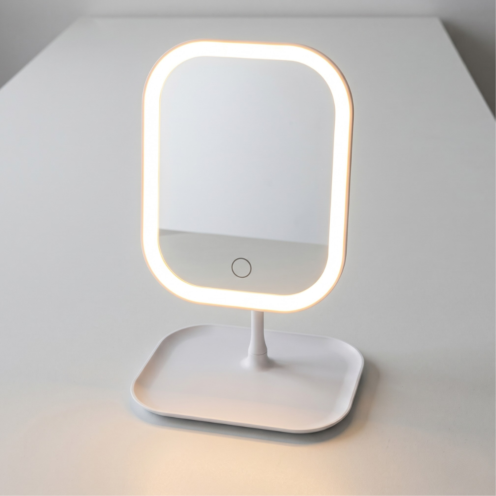 Miroir de maquillage rechargeable avec plateau de rangement intégré - Moderne et minimaliste