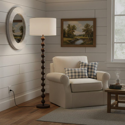 Floor Lamp with Stacked Wooden Spheres and Fabric Drum Shade