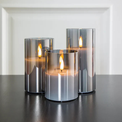 Battery Operated Moving Wick Candles - Minimalist Smoky Glass Set of 3