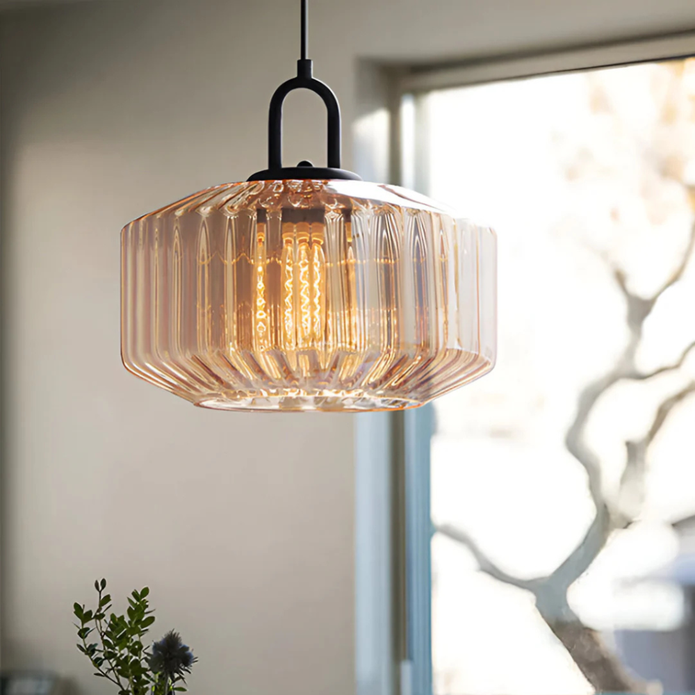 Pendant Light with Ribbed Glass Shade - Retro Mid Century Modern