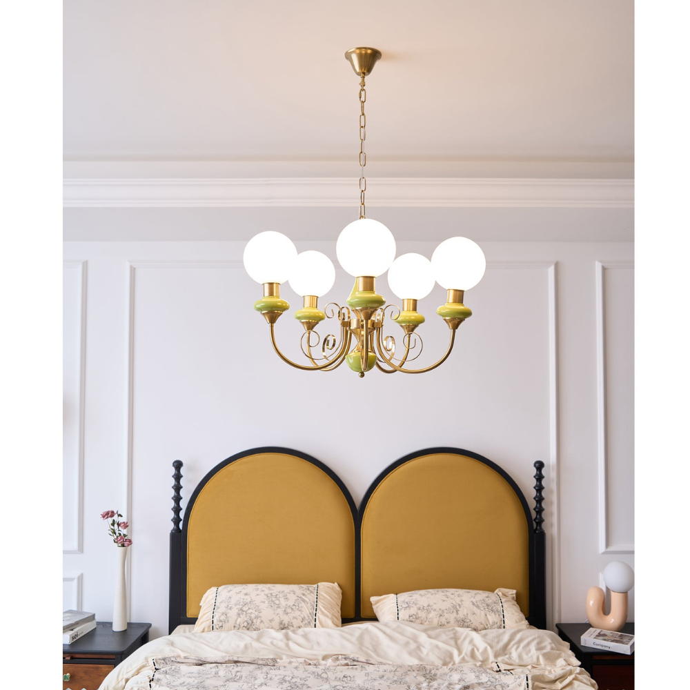 Chandelier with Milky Glass Globes and Scrollwork Frame - Vintage French Style