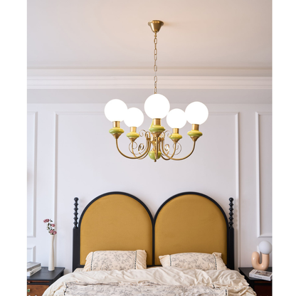 Chandelier with Milky Glass Globes and Scrollwork Frame - Vintage French Style