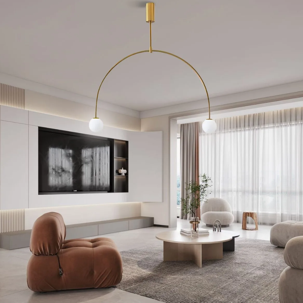 Lustre avec cadre métallique voûté et globes en verre - Moderne milieu du siècle