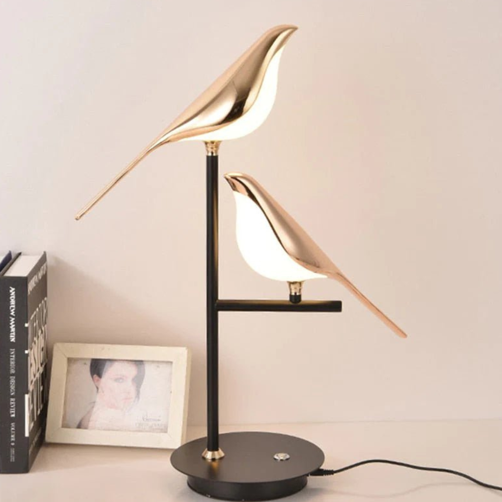 LED Bird Table Lamp with Dual Gold Post-Modern Fixtures - Warm Glow