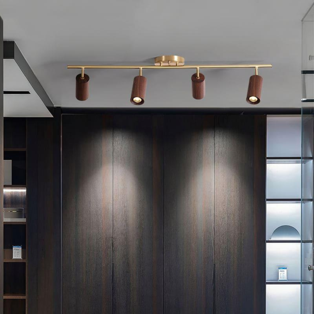 Rotational Wood Track Lighting with Brass Hardware - Mid Century Modern