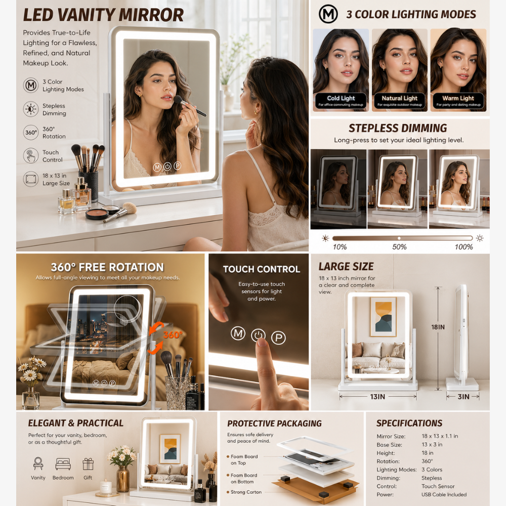 Led makeup mirror with 3 Color Modes and Smart Memory - High Modern