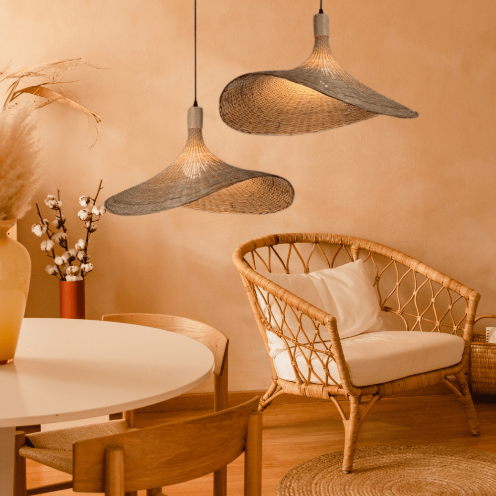 Woven Bamboo Sun Hat Pendant Light - Coastal Boho Decor