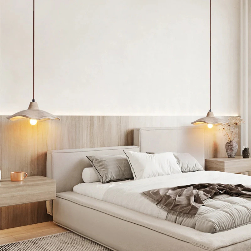 Pendelleuchte mit welligem Zementschirm – Modernes Wabi Sabi Grau