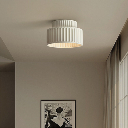 Modern Pleated Ceramic Flush Mount Ceiling Light - White Ribbed Lamp