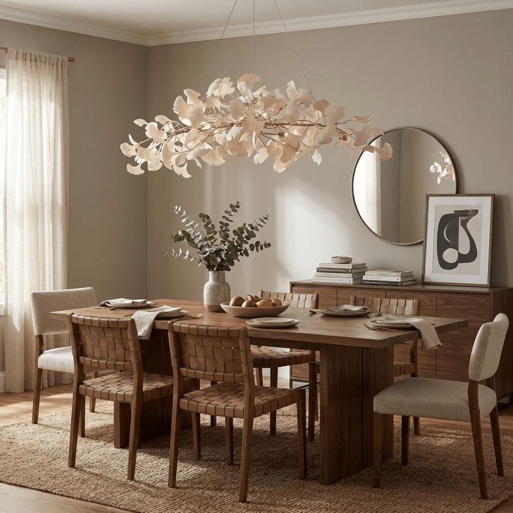 Linearer Esszimmer-Kronleuchter mit Keramik-Ginkgoblättern – Moderner Art Deco