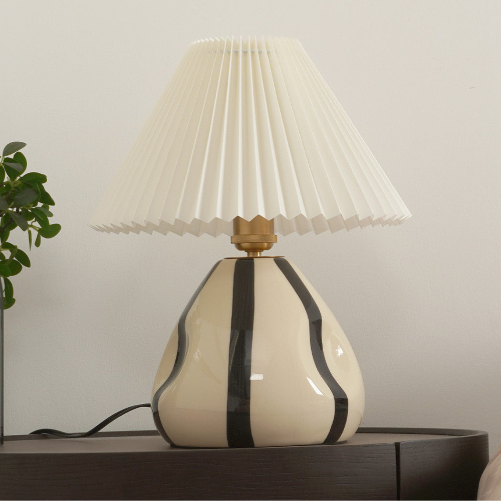 Table Lamp with Pleated Fabric Shade - Mid Century Modern Ceramic