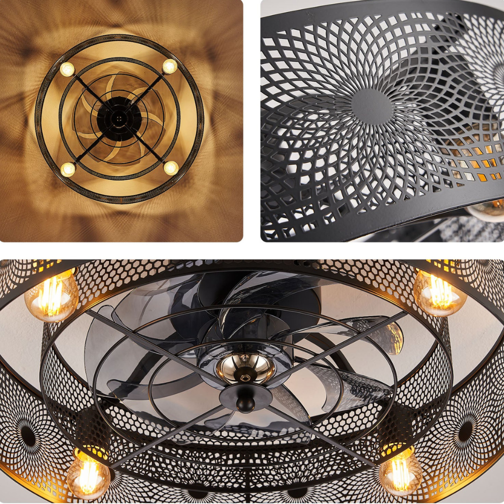 Deckenventilator mit Licht und Gitter-Metallschirm, bündig montiert – Schwarz