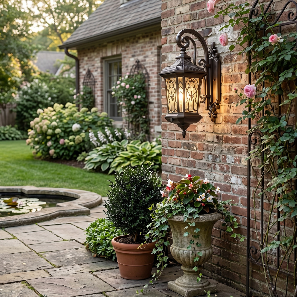 LED Porch Lantern with Scrollwork Frame and Textured Glass - Vintage Style