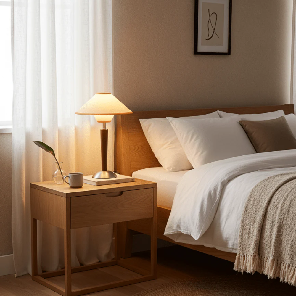 Lampe de table moderne à pied effilé du milieu du siècle avec abat-jour en tissu évasé