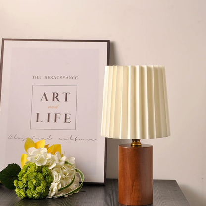 Mid-Century Modern Pleated Fabric Table Lamp with Wood Base