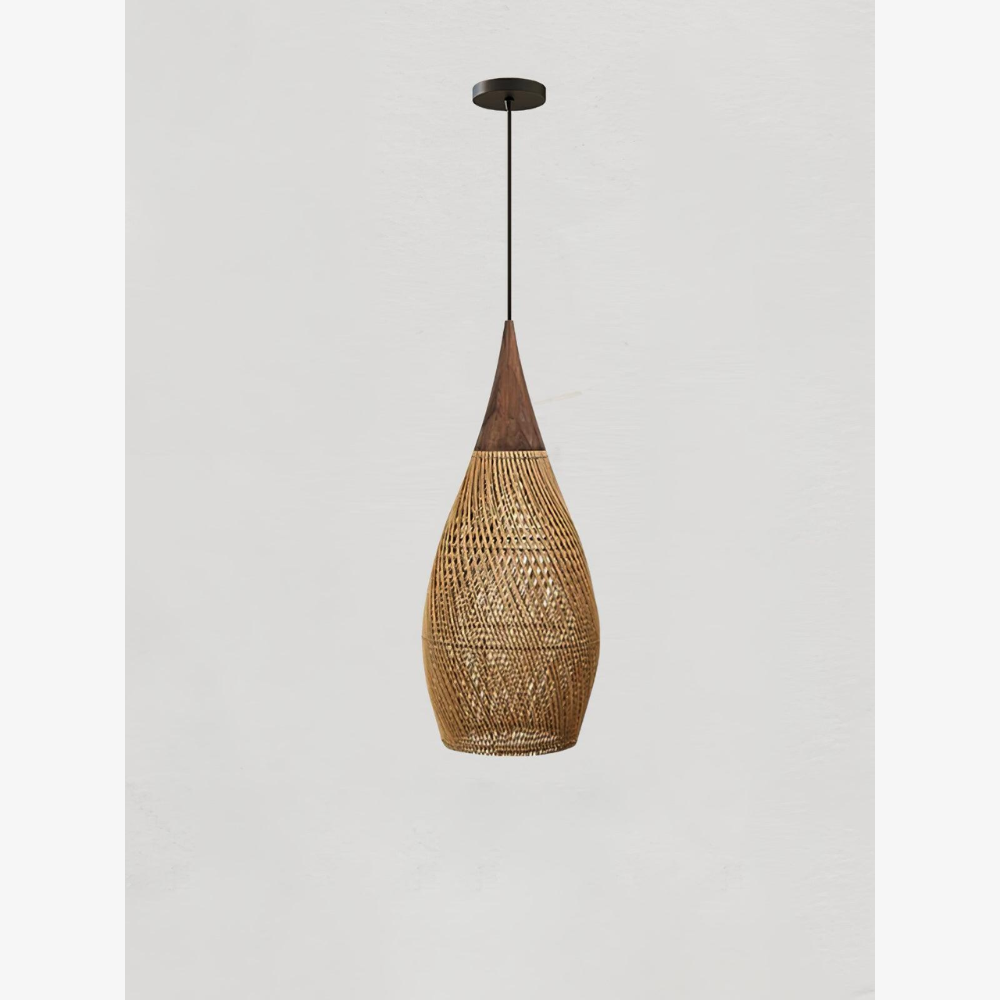 Modern Rattan Silhouette Pendant Light - Woven Basket Hanging Lamp with Wood Cap