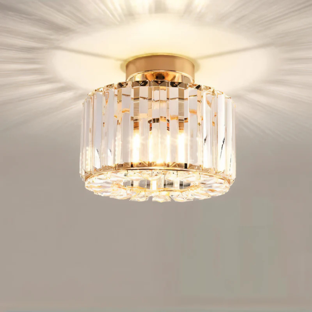 Cylindrical Crystal Flush Mount Light with Glass Prisms - Modern Art Deco