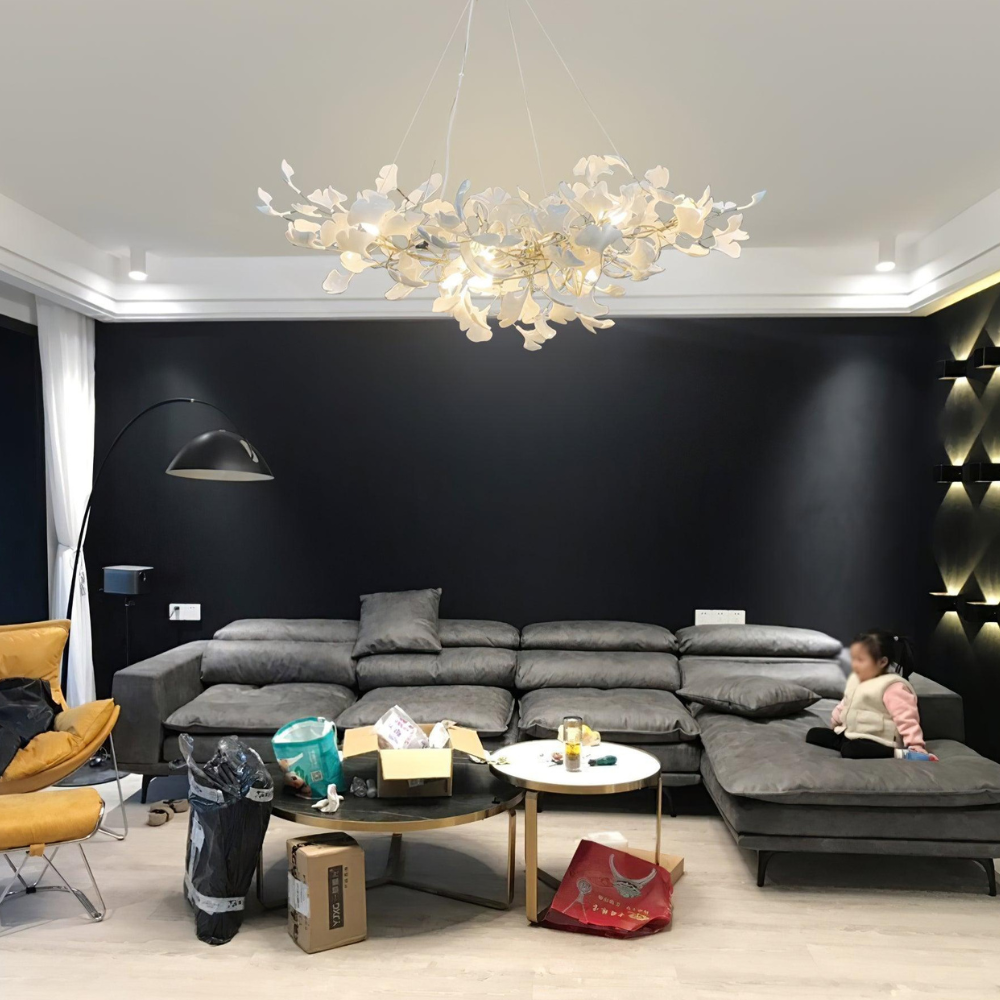 Sputnik-Kronleuchter mit Keramik-Ginkgoblättern – Moderner Art Deco