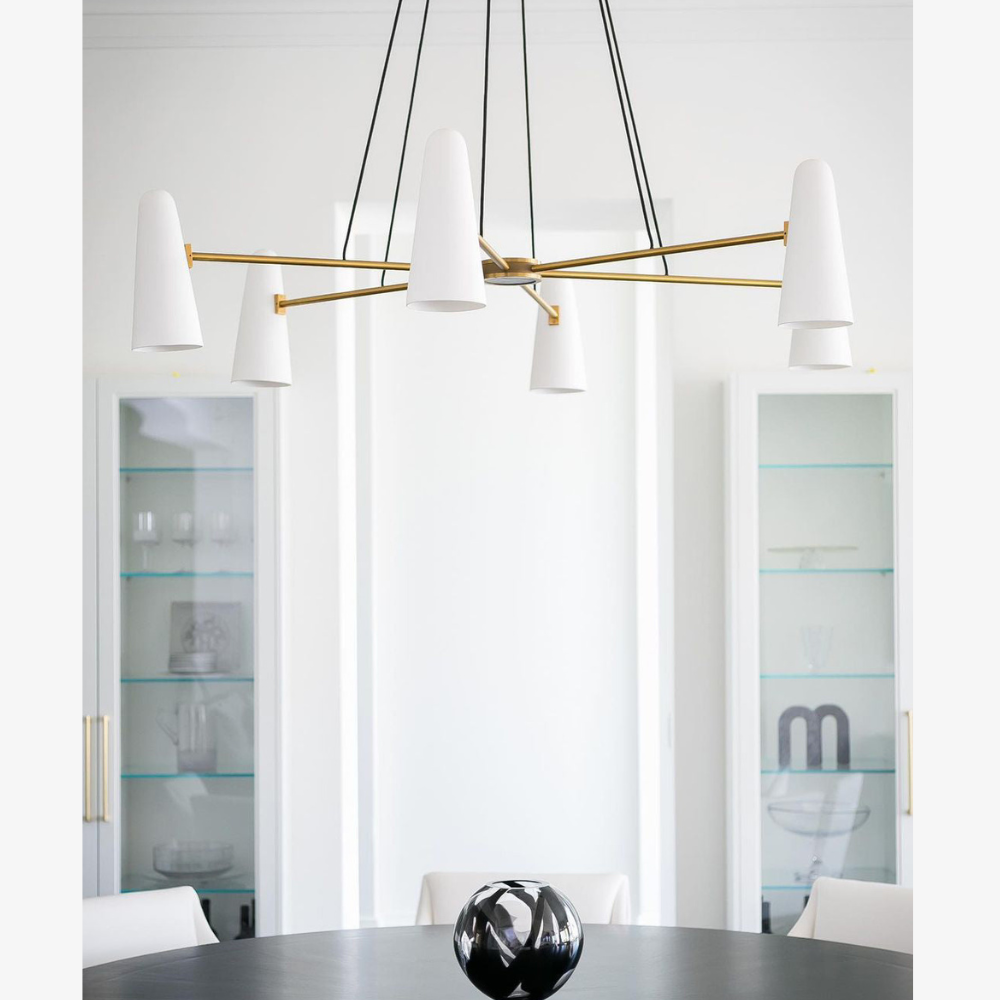 Lustre avec abat-jours en verre conique et cadre métallique - Moderne milieu du siècle