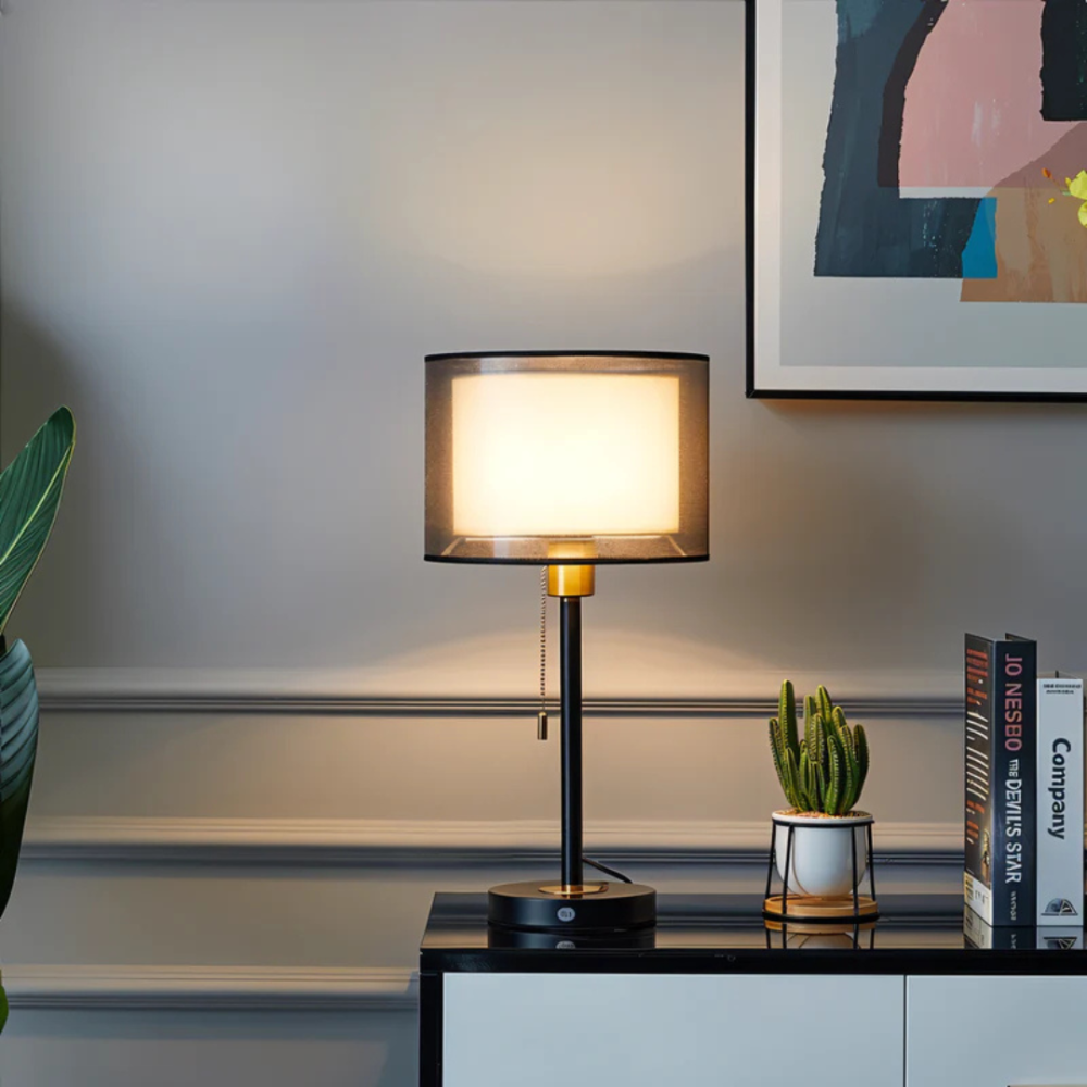 Double Cloth Shade Table Lamp Metal Base - Modern Bedroom Light