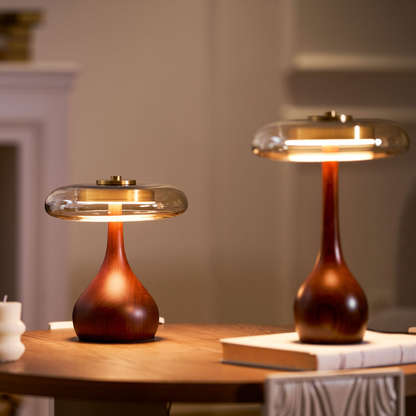 Mid-Century Modern Amber Glass and Walnut Wood LED Mushroom Table Lamp