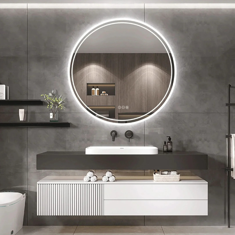 Led backlit bathroom mirror with Dimmable LED Ring and Frameless Design - Minimalist