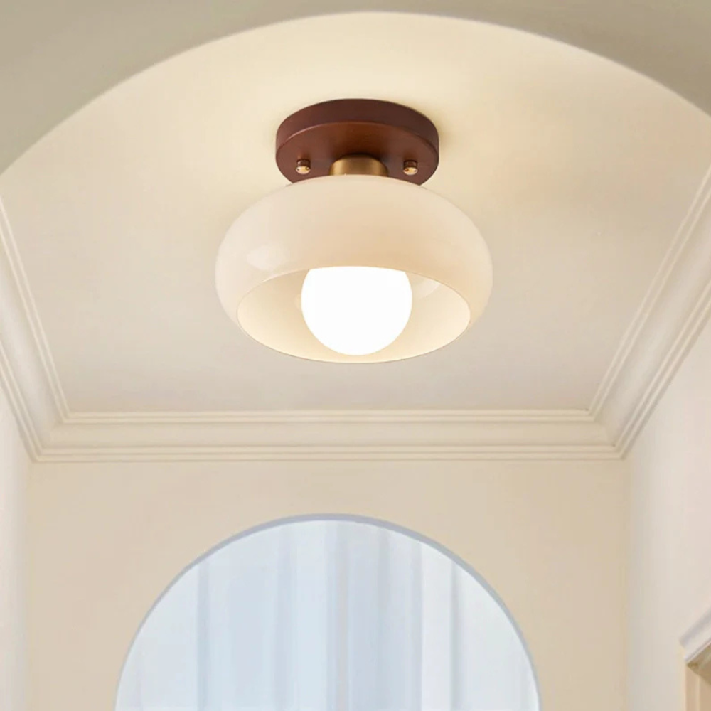 Flush Mount Ceiling Light with Glass Shade - Walnut Mid Century Modern