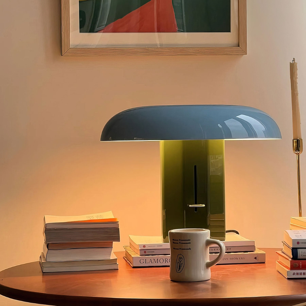 Mushroom Table Lamp with Slanted Shade and Dimmer Switch - Mid Century