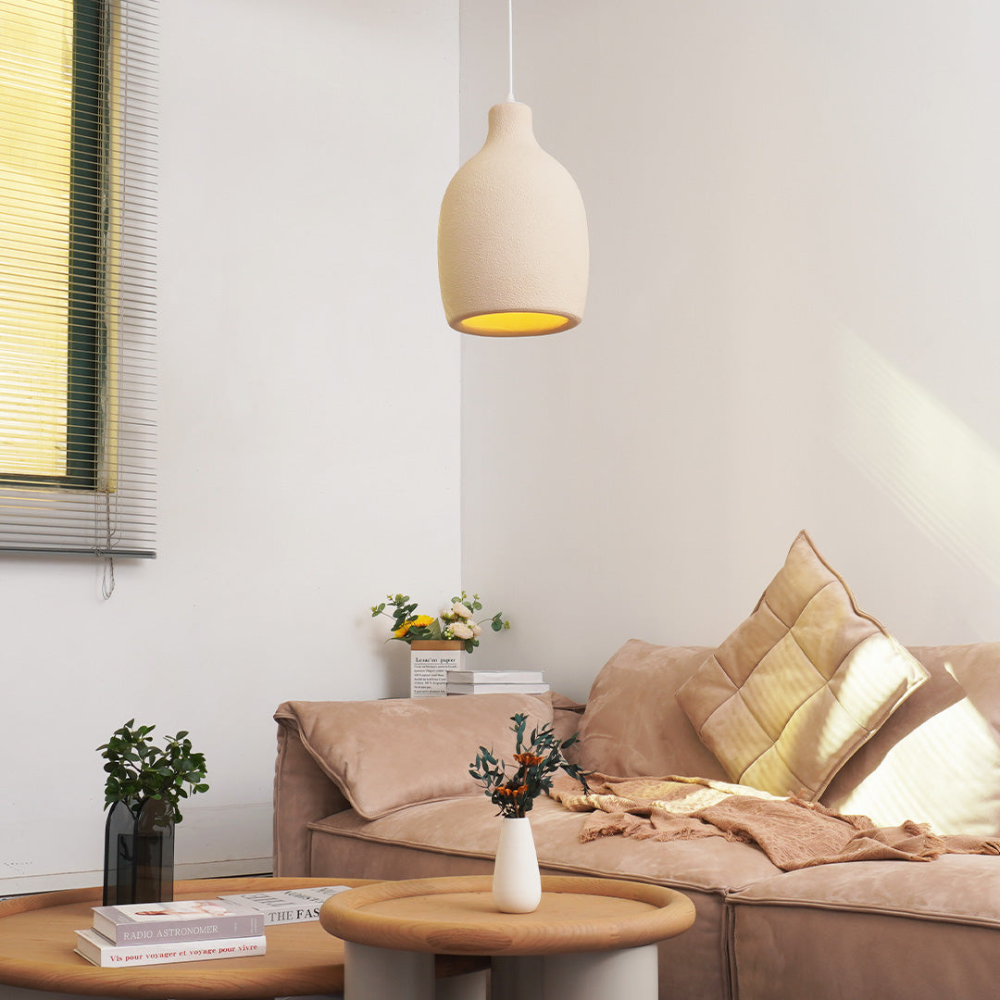 Pendant Light Fixture with Textured Stone Finish - Wabi Sabi Japandi