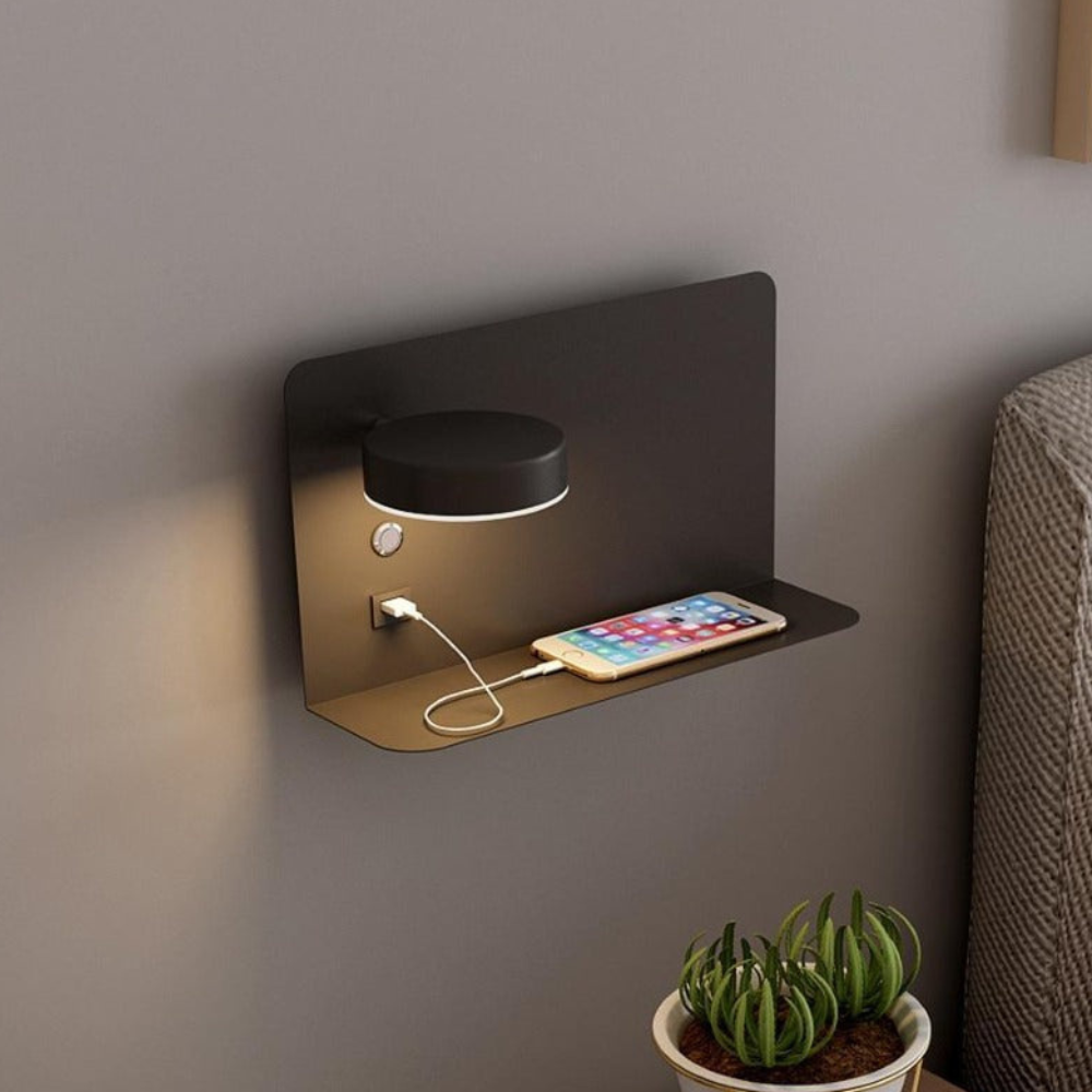 Wall Sconce with USB Charging Port and Shelf - Modern Minimalist