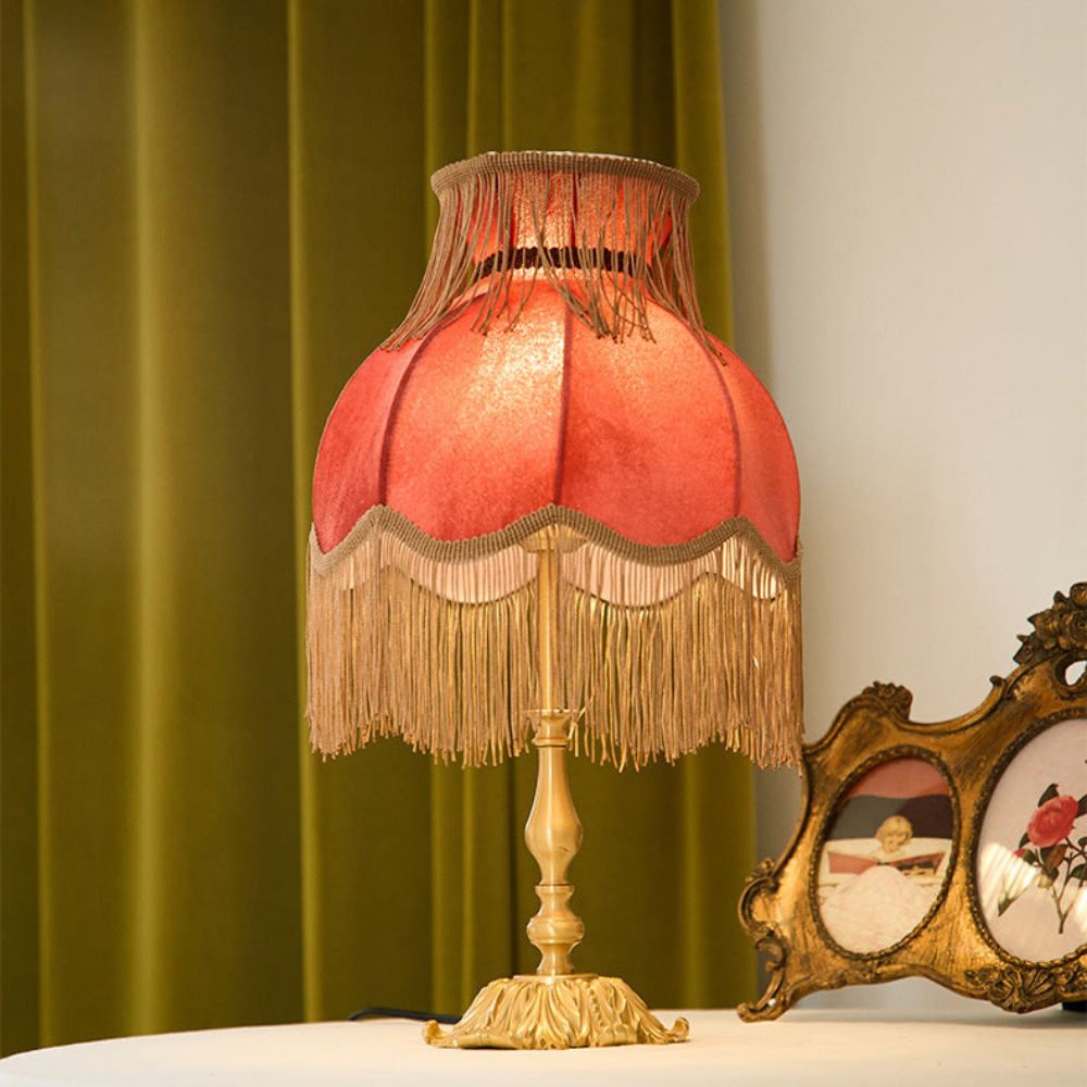 Table Lamp with Fringed Fabric Shade - Vintage Traditional Red