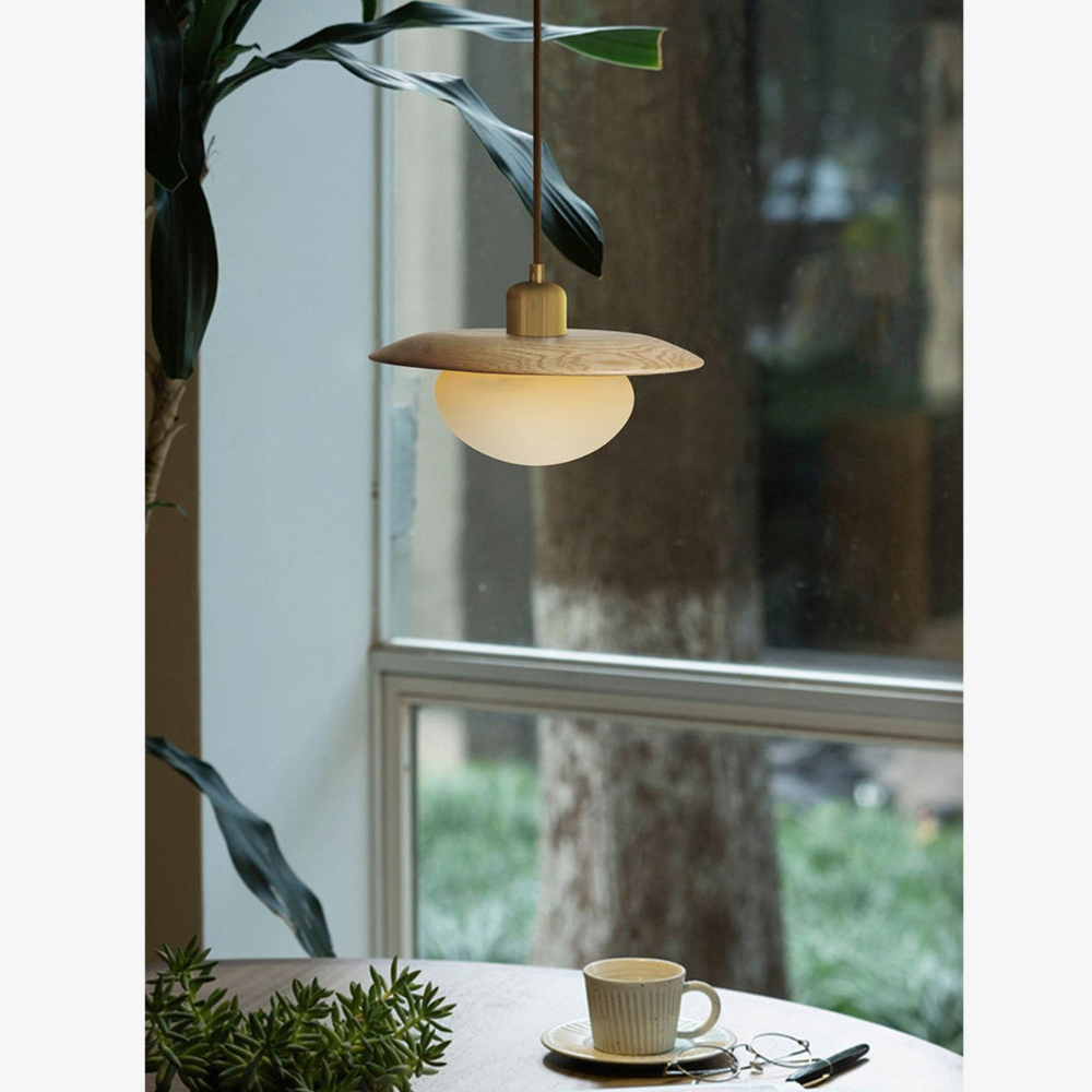 Moderne Pendelleuchte aus Kieselglas und Holz – Japandi Disk Pendelleuchten
